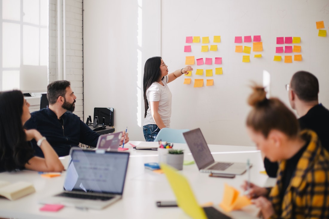 A consultant mapping customer research findings on a whiteboard